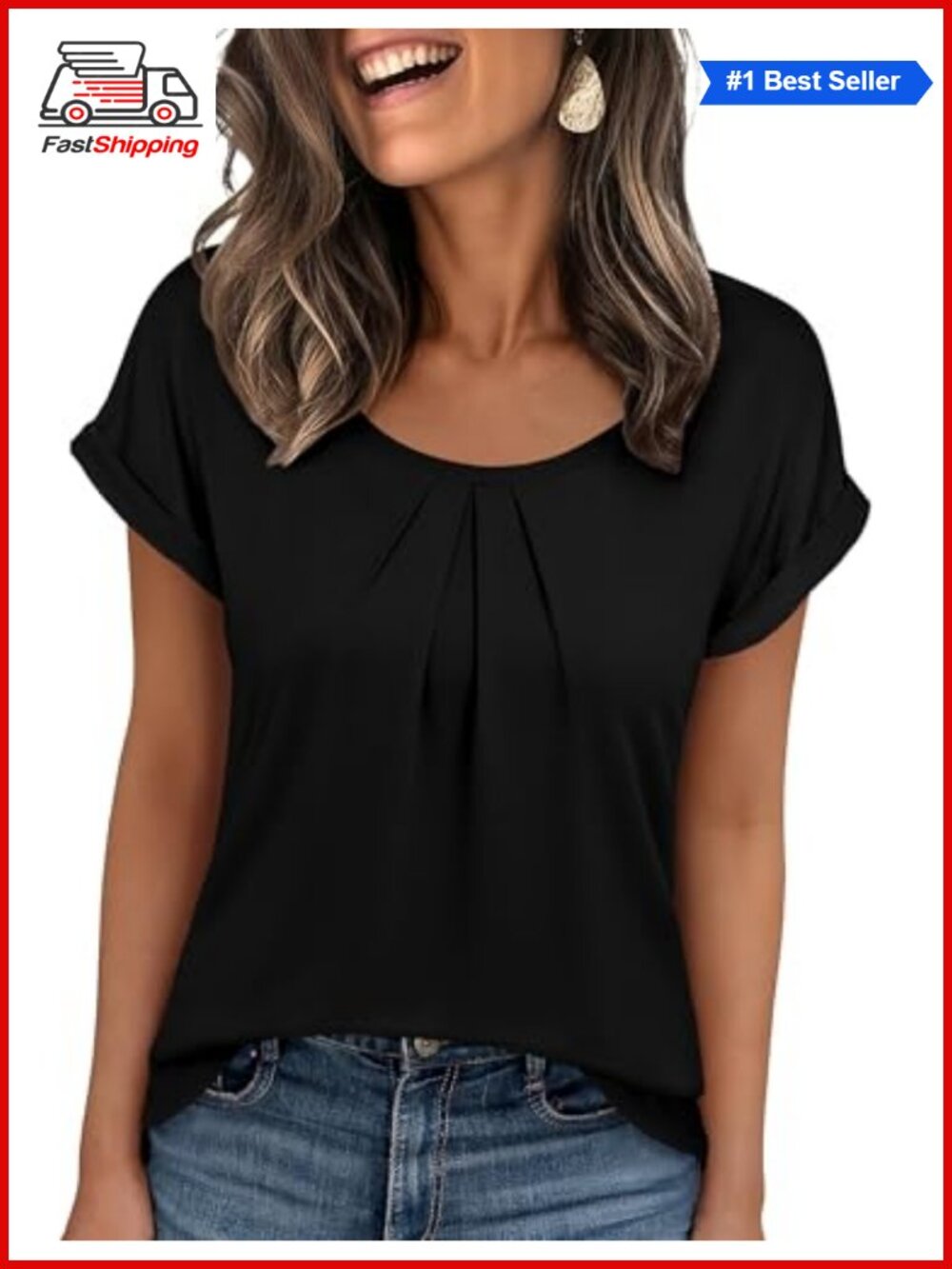 Women's Pleated Scoop Neck Short Sleeve T-Shirt